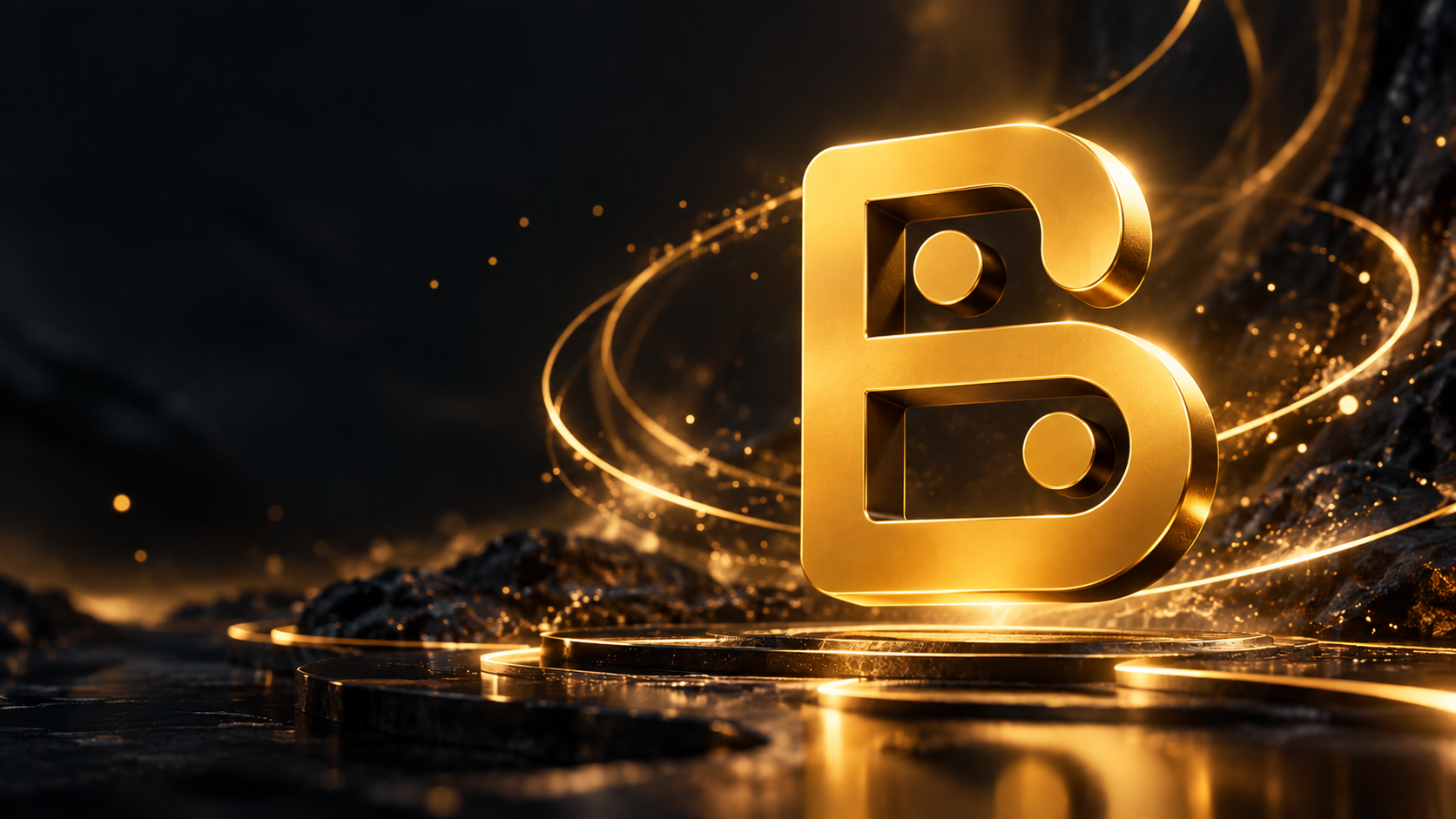 A gold three-dimensional abstract B, the Bones mark