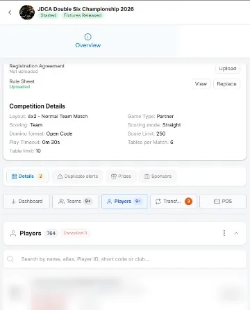 Competition player list with search and registration status