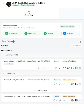 Fixture workflow with schedules, matchups, review and release
