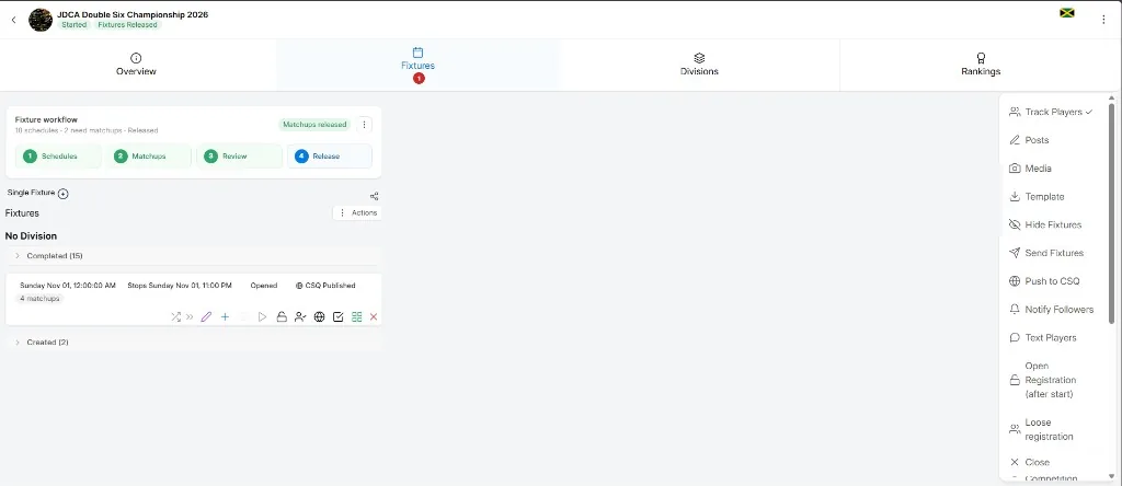 Competition actions menu with send fixtures, notify followers and text players